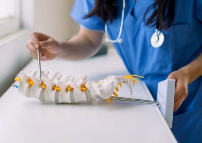 A clinician pointing with a pen to a spine model while explaining anatomy.